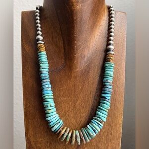 Sterling Silver Graduated Blue Green Turquoise Pearls Bead Necklace. 18 inch